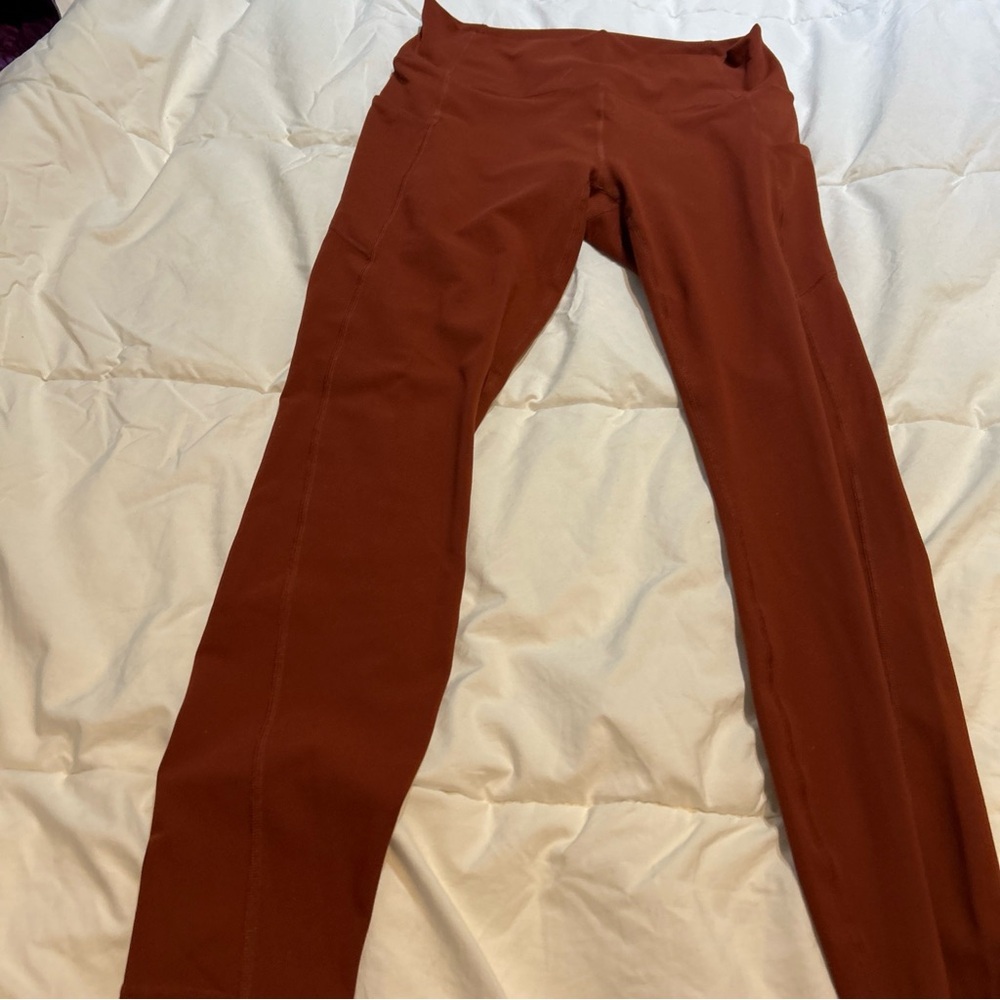 Fabletics Pureluxe Oasis High Waisted  Leggings Side Pockets Brown full length